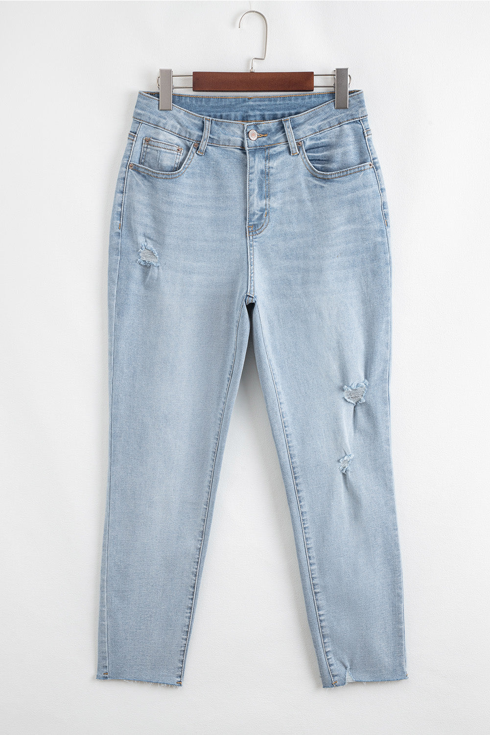 Beau Blue mid-rise distressed ankle-length skinny jeans by Dear-Lover, showing fitted denim with frayed details and a casual style.