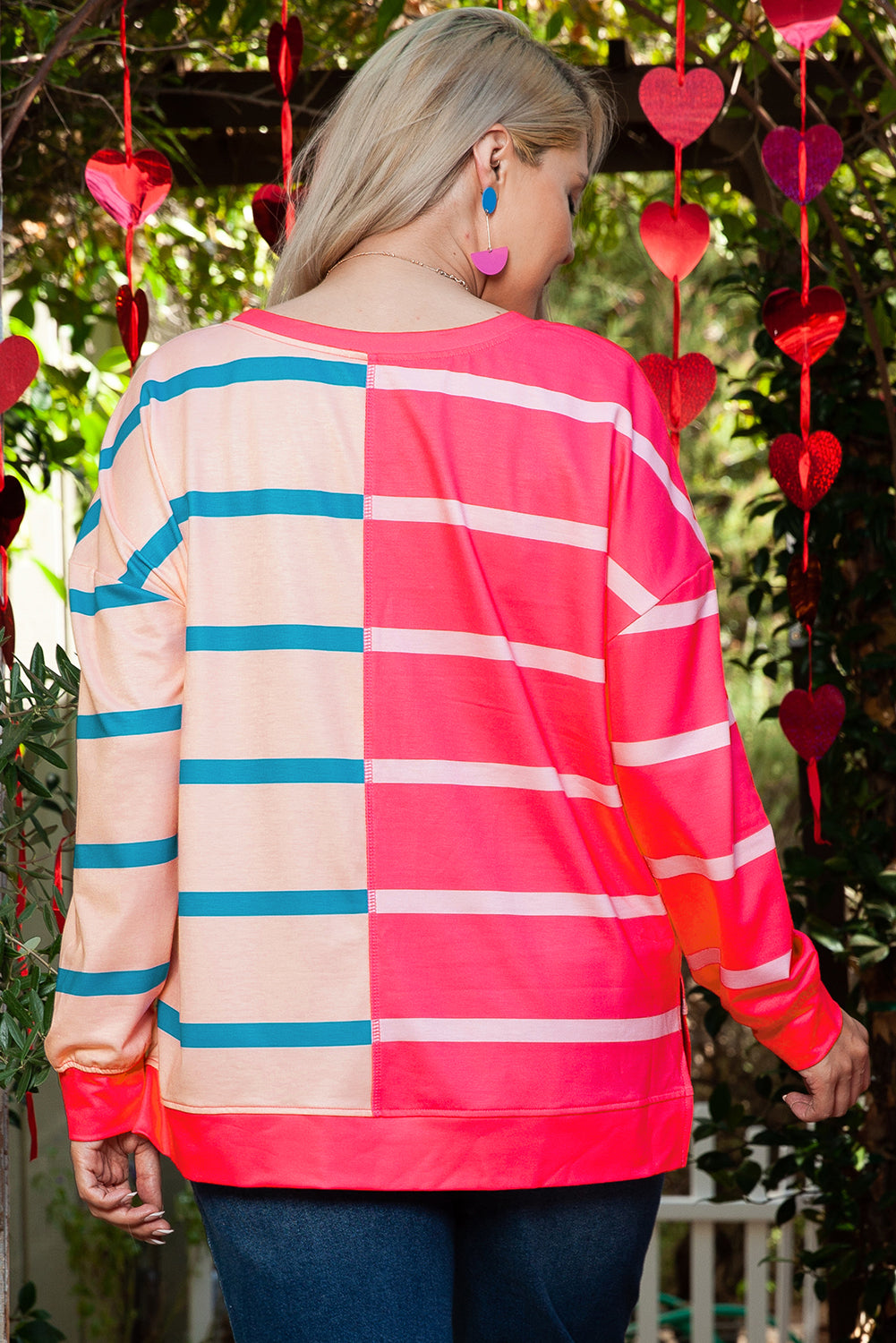 Plus size Dear-Lover Rose Stripe color block crewneck long sleeve T-shirt, stylish plus size top with vibrant rose stripes.