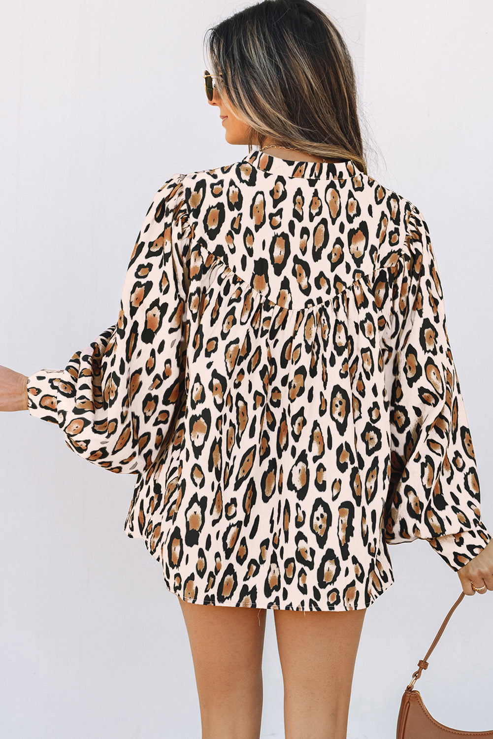 French Beige Leopard Balloon-Sleeve Shirt