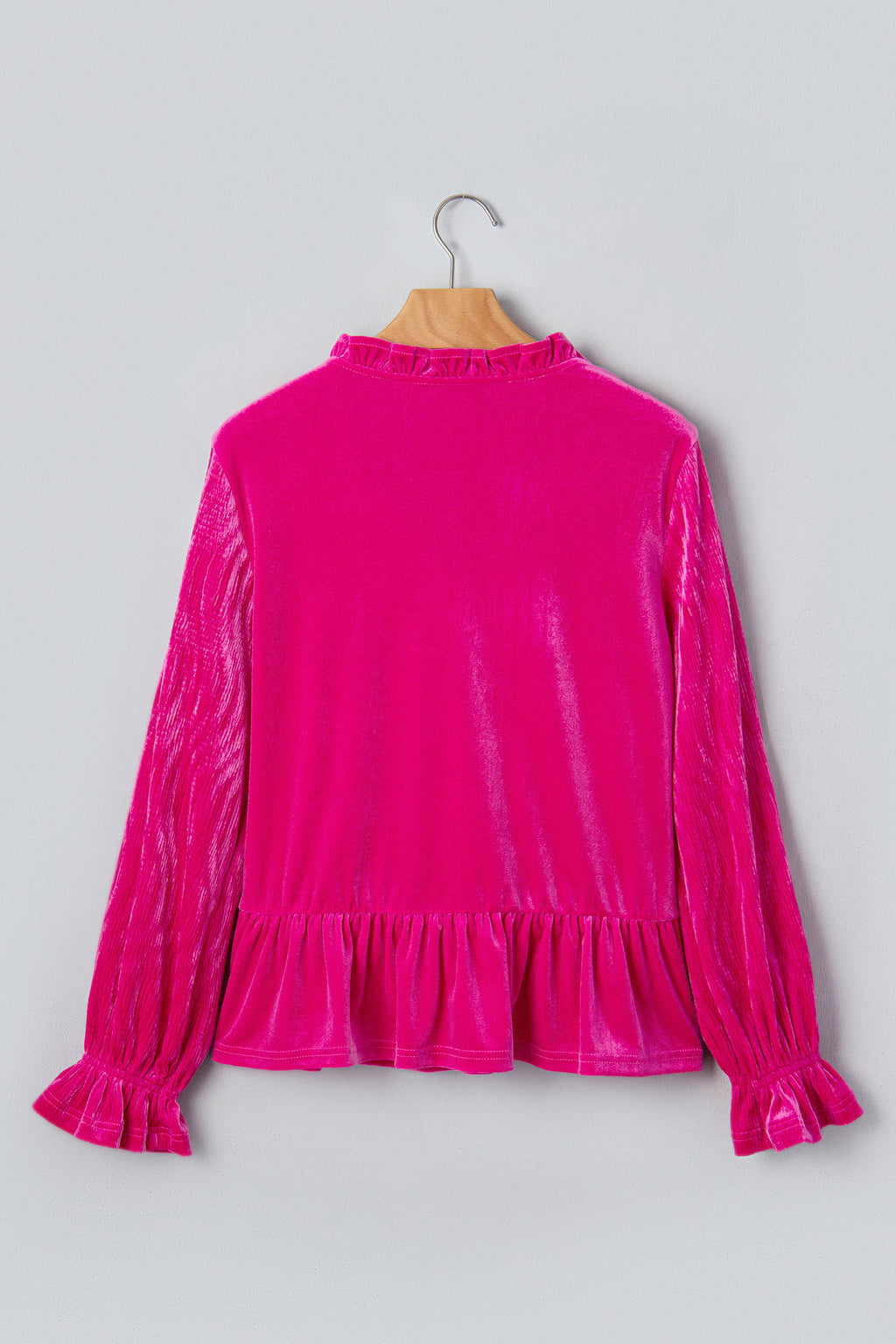 Strawberry Pink V-Neck Velvet Ruffled Cuffs Hem Long-Sleeve Top