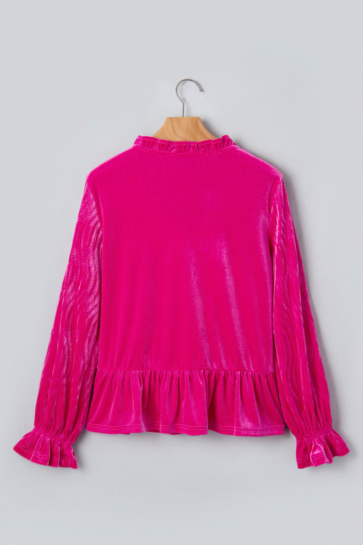 Strawberry Pink V-Neck Velvet Ruffled Cuffs Hem Long-Sleeve Top
