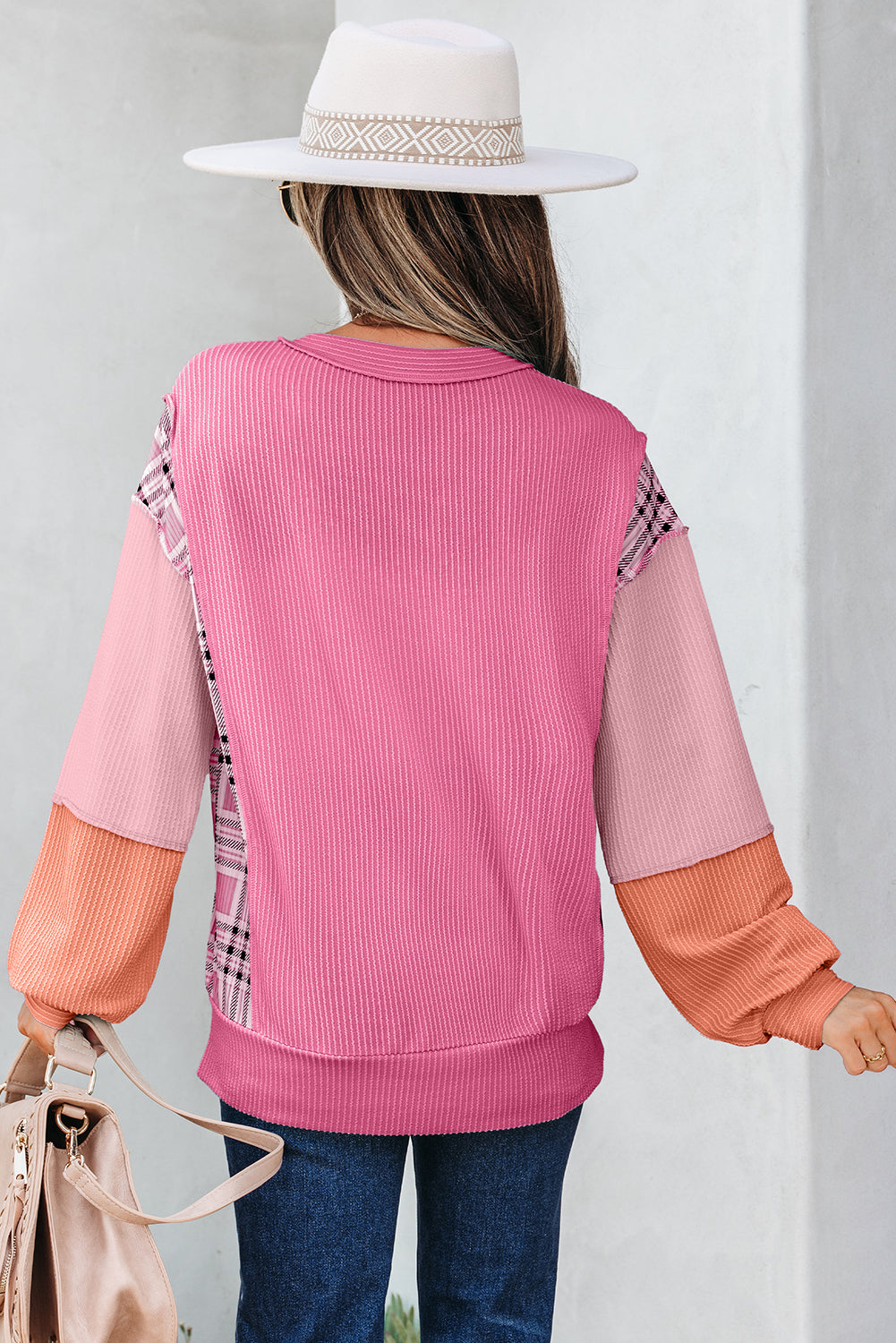 Textured Plaid Color Block Patchwork Long Sleeve Top