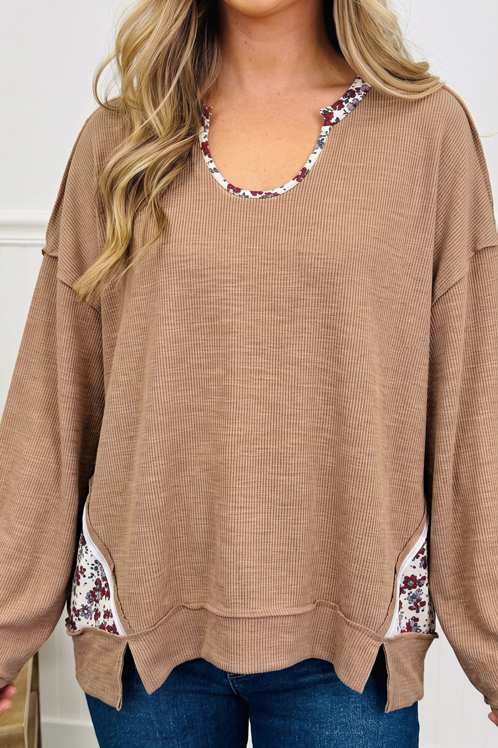 Light French beige floral trim long sleeve tunic top with U-neck by Dear-Lover, casual pullover style, perfect for everyday wear.
