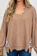 Light French beige floral trim long sleeve tunic top with U-neck by Dear-Lover, casual pullover style, perfect for everyday wear.
