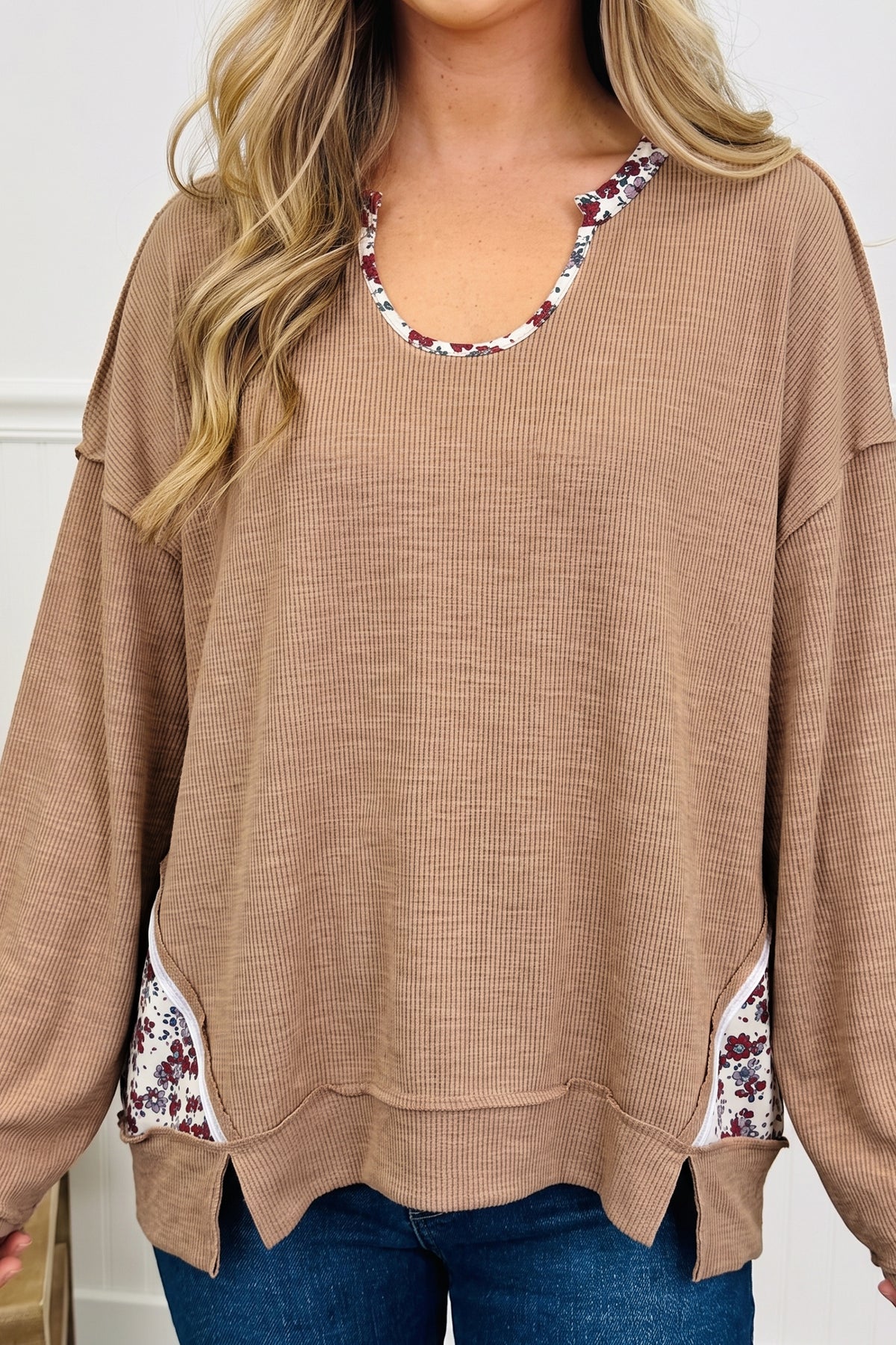 Light French beige floral trim long sleeve tunic top with U-neck by Dear-Lover, casual pullover style, perfect for everyday wear.