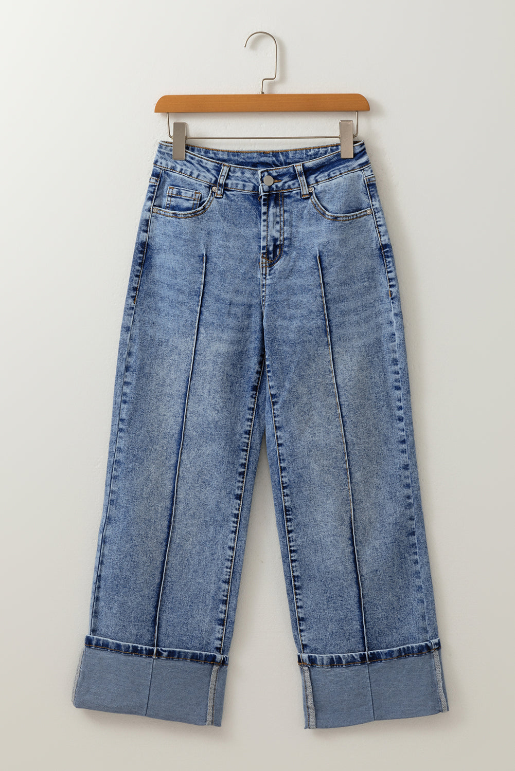 Dear-Lover high waist jeans with center seam and cuffed hem, straight fit, denim bottoms with a stylish, modern design.