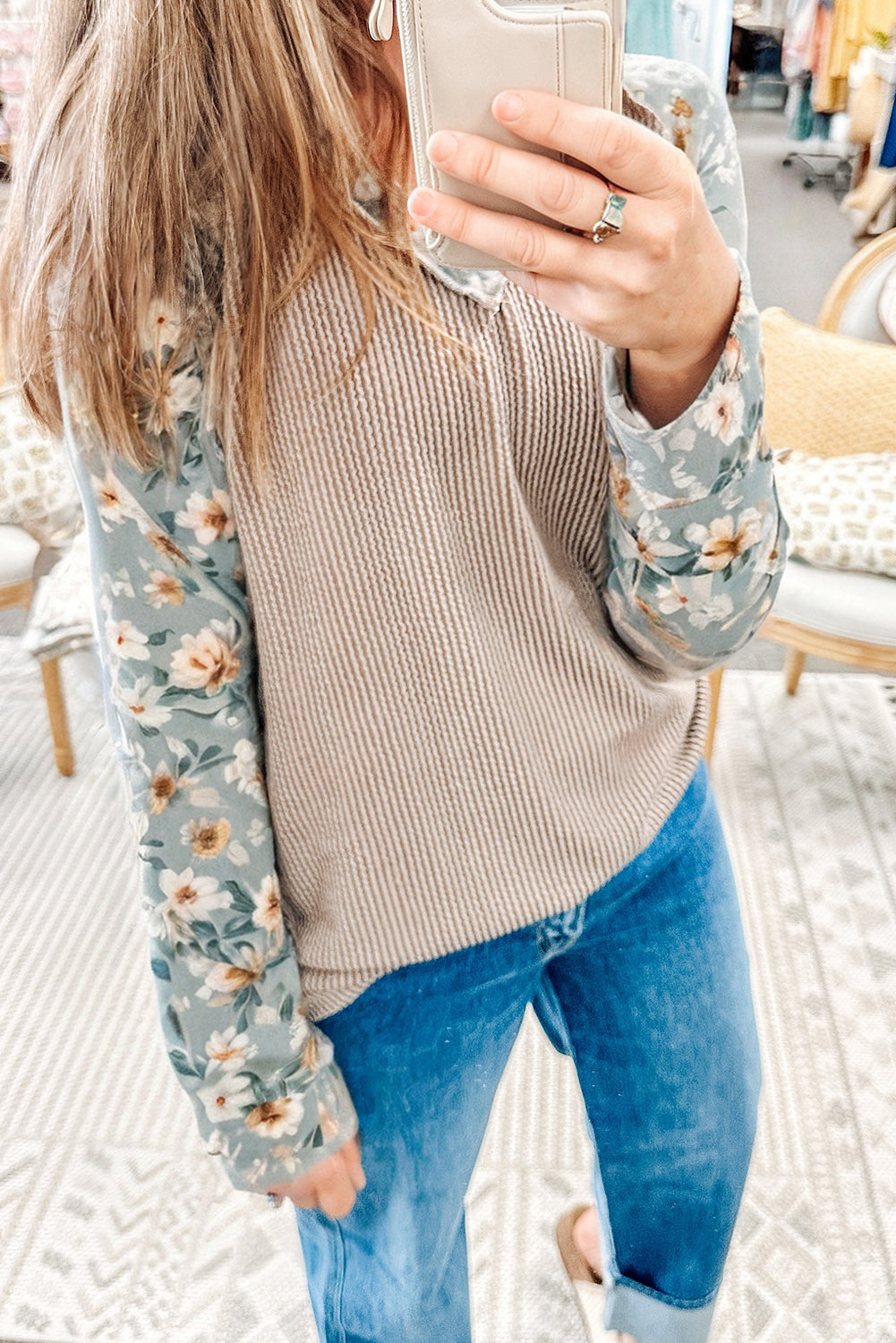 Parchment Twist Ribbed Floral Contrast Patchwork Long Sleeve Top