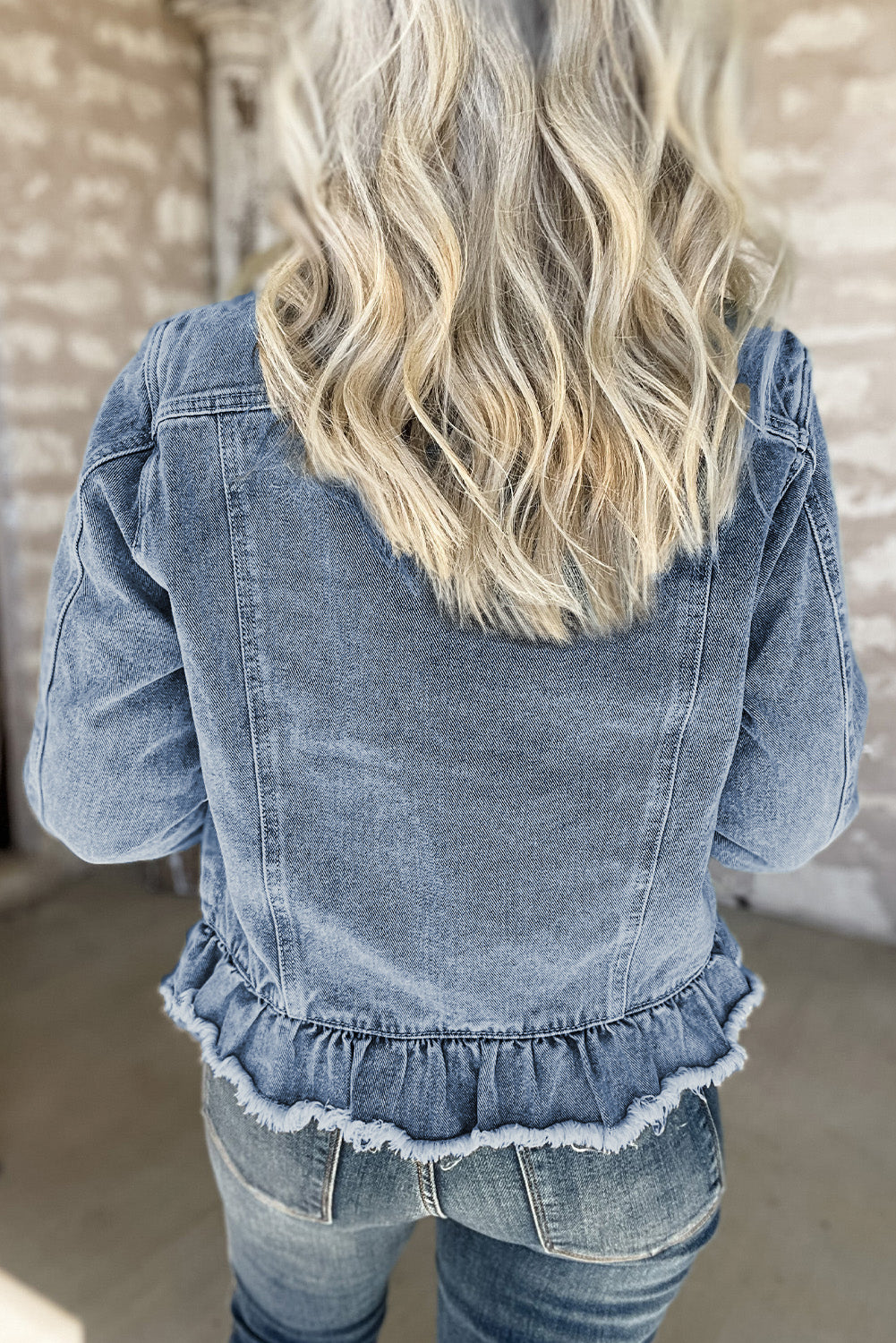 Beau Blue Ruffle Raw-Hem Denim Jacket