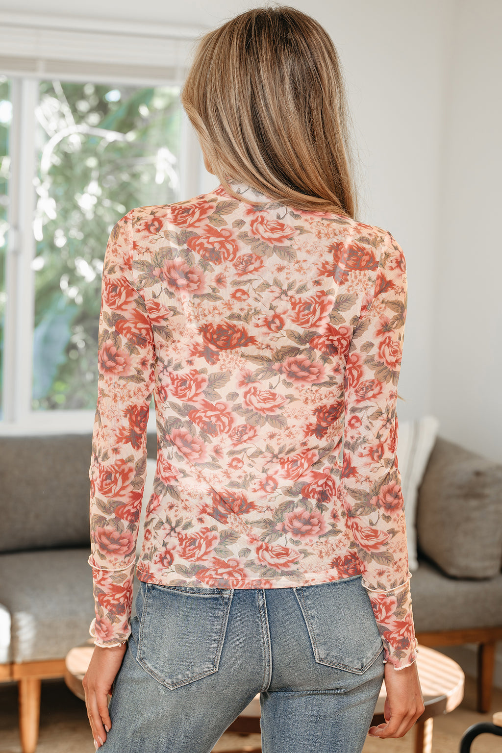 Retro Bloom Mesh Mock Neck Top