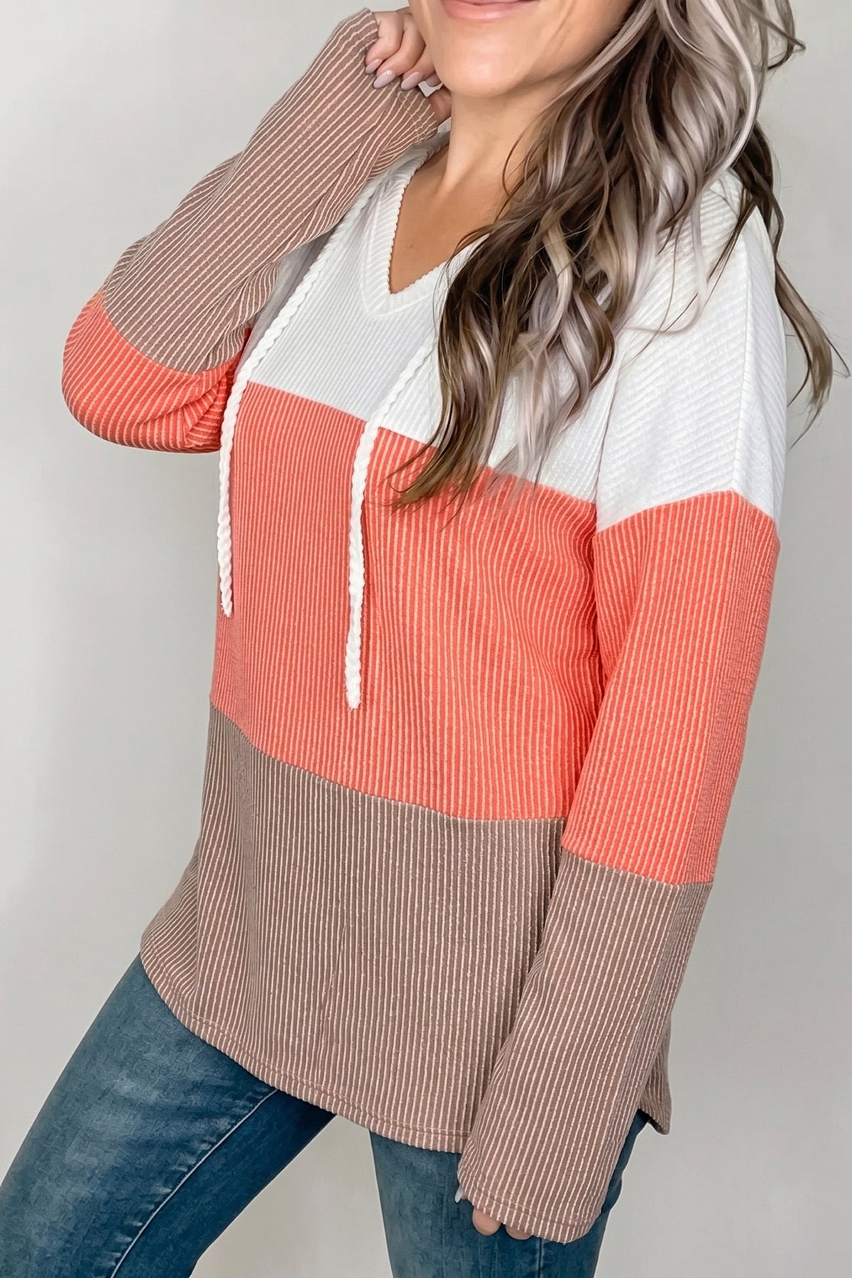 Gold Flame Ribbed Colorblock Hooded Pullover Long-Sleeve Top