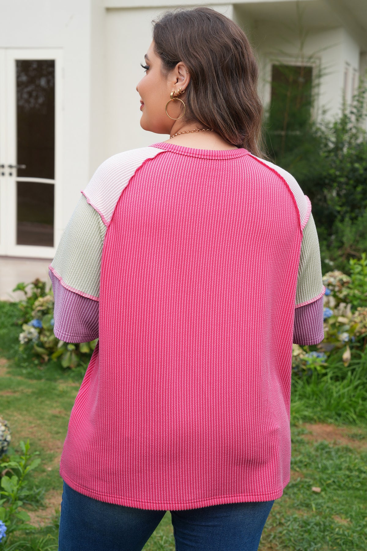 Bright pink plus size twisted rib color block patchwork henley top with short sleeves, from Dear-Lover, showcasing stylish casual wear.
