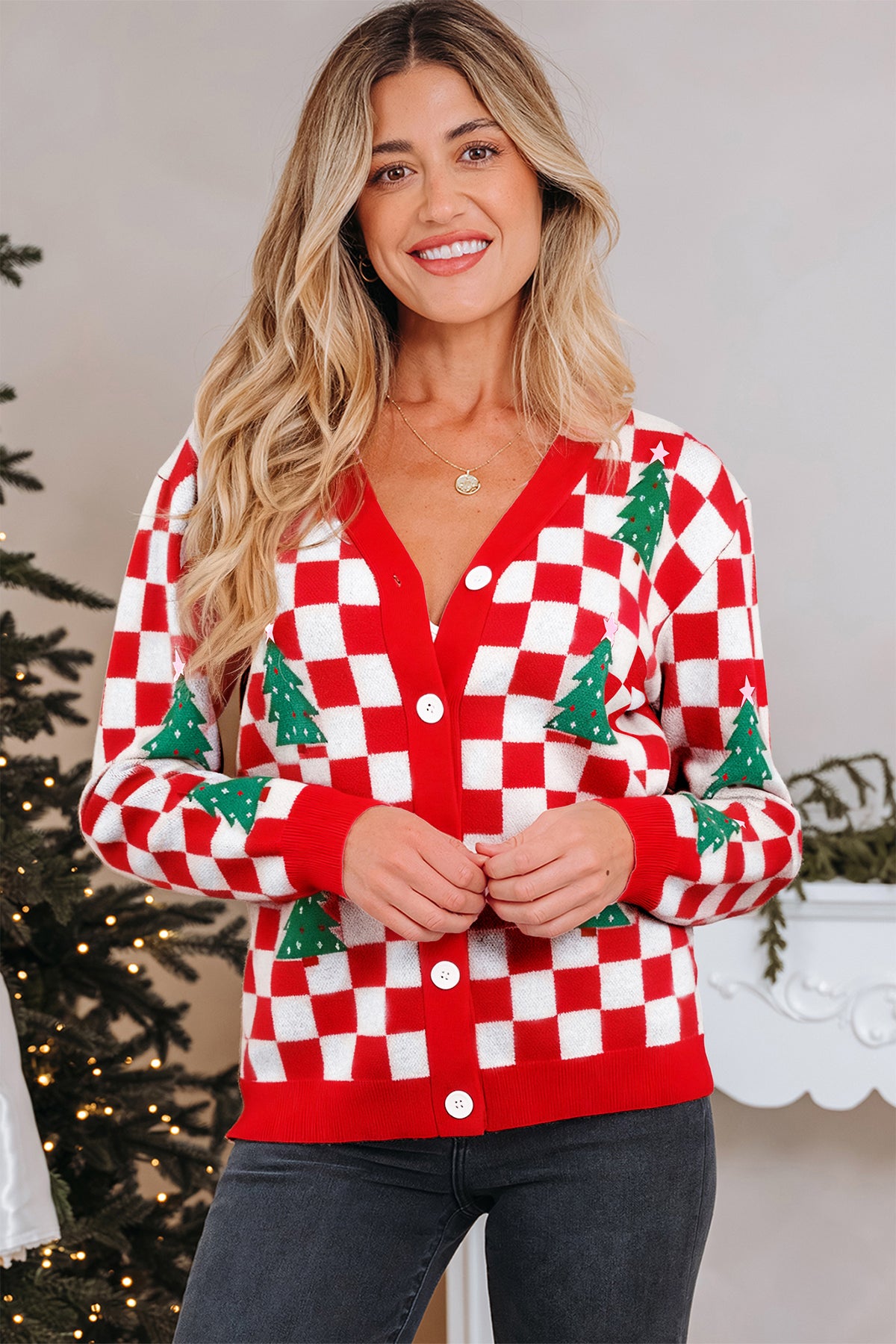 Pink Checkered Christmas Tree Cardigan