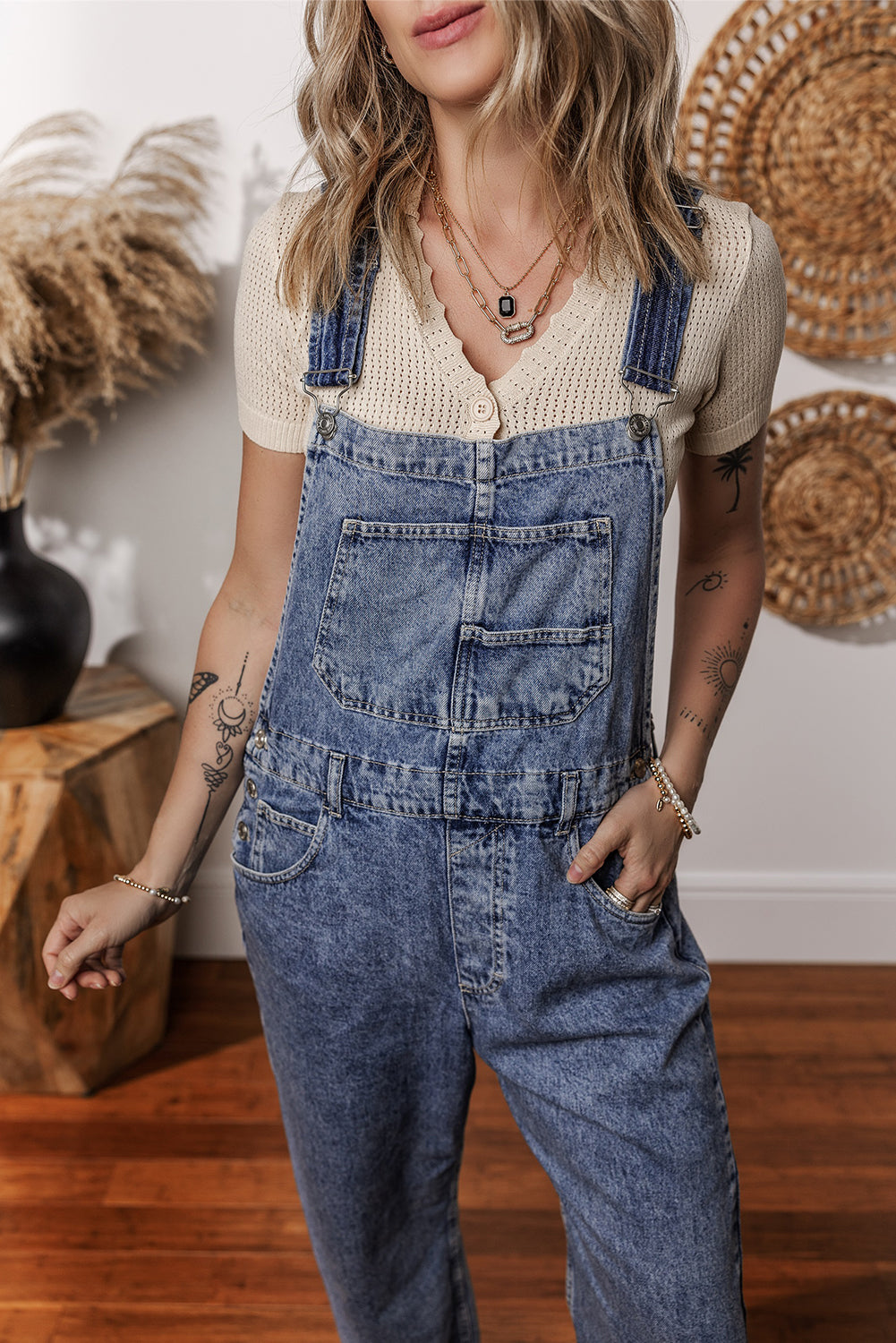 Sail blue denim jumpsuit by Dear-Lover with straight leg design, bib style, and front pockets, perfect for casual wear.