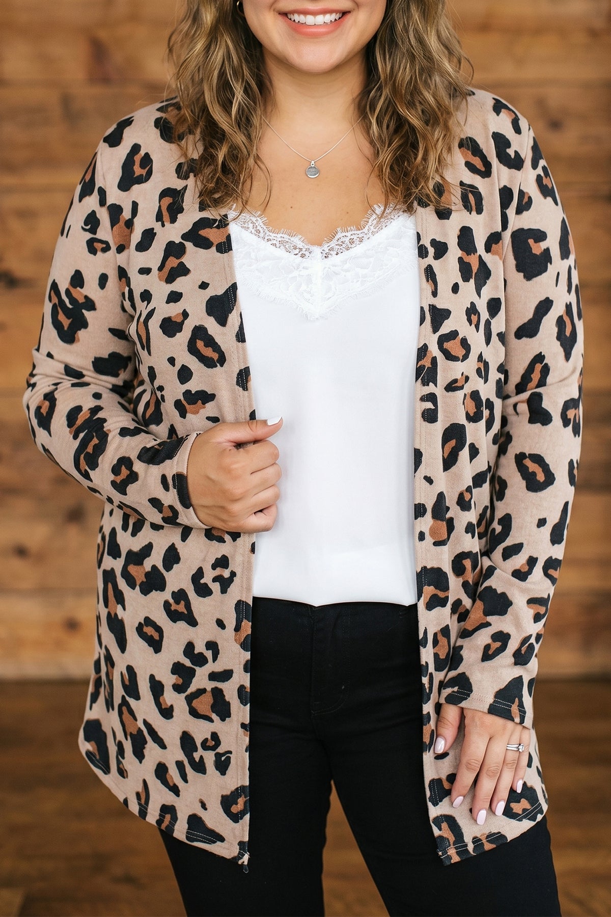 Plus size khaki leopard print long sleeve V-neck tunic cardigan by Dear-Lover, featuring a stylish leopard pattern and comfortable fit.