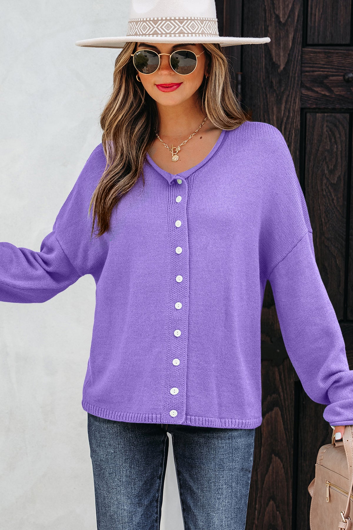 Solid Color Sweater Cardigan with Buttons