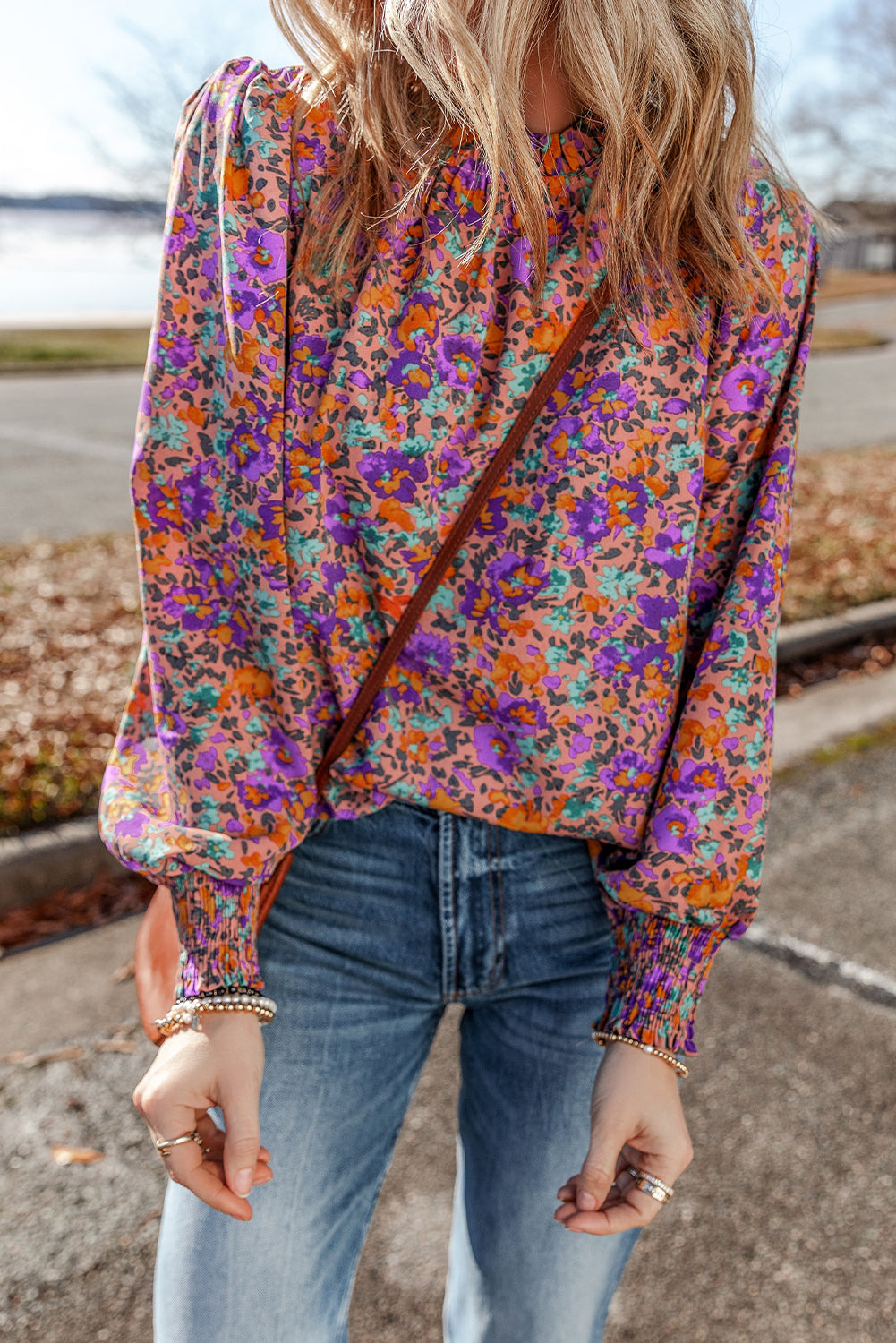 Purple Floral Shirred-Cuff Blouse