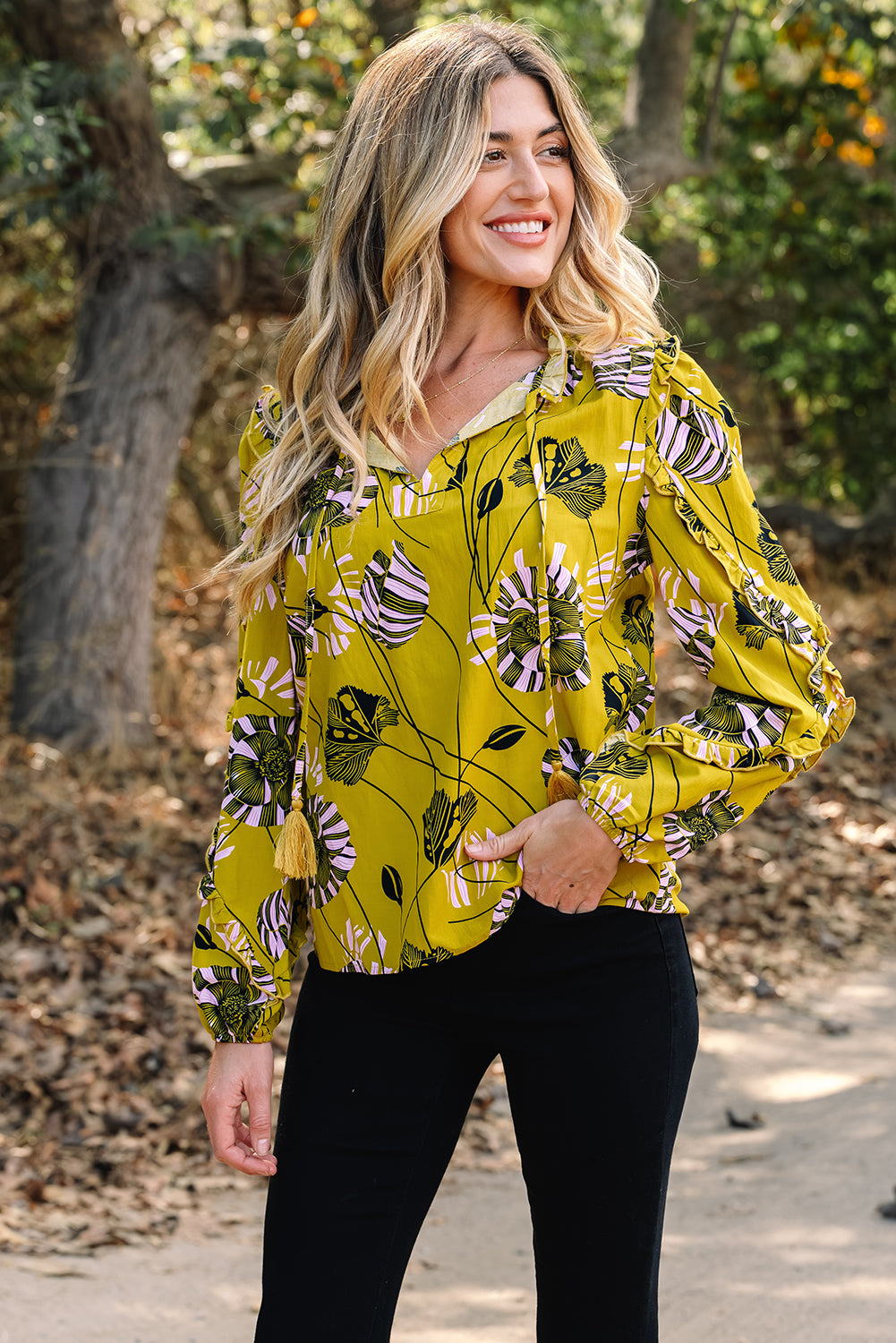 Yellow Vintage Floral Ruffle Blouse