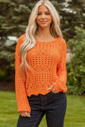 Carrot Solid Color Open Crochet Scallop Edge Sweater