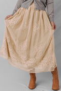 Oatmeal embroidered mesh overlay flowy long skirt from Dear-Lover, featuring intricate embroidery and lightweight, elegant design