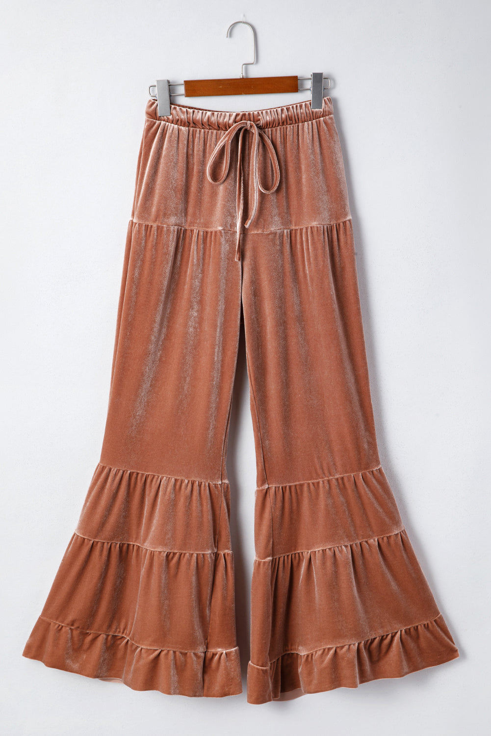 Yellow mineral wash lace-up high waist bell bottom pants with tiered design, stylish bottoms from Dear-Lover.