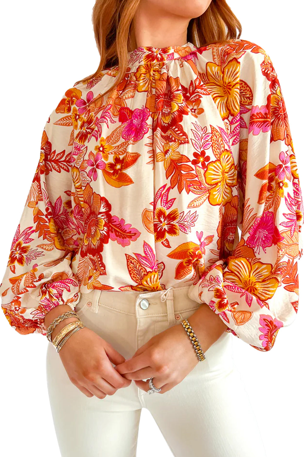 Orange Floral Pearl-Button Blouse
