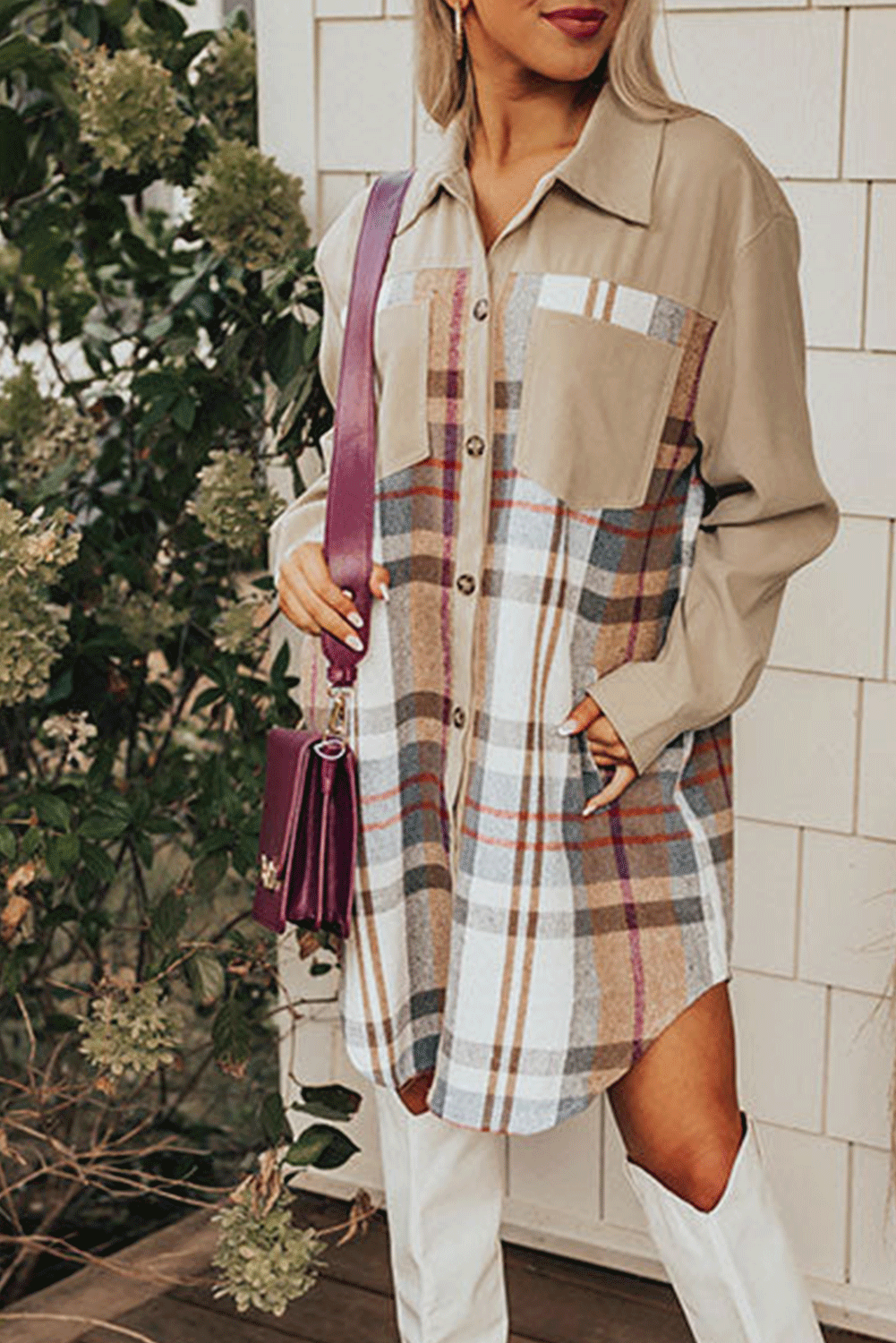 Khaki plaid patchwork long sleeve mini dress by Dear-Lover, featuring a stylish casual design and button-up front.