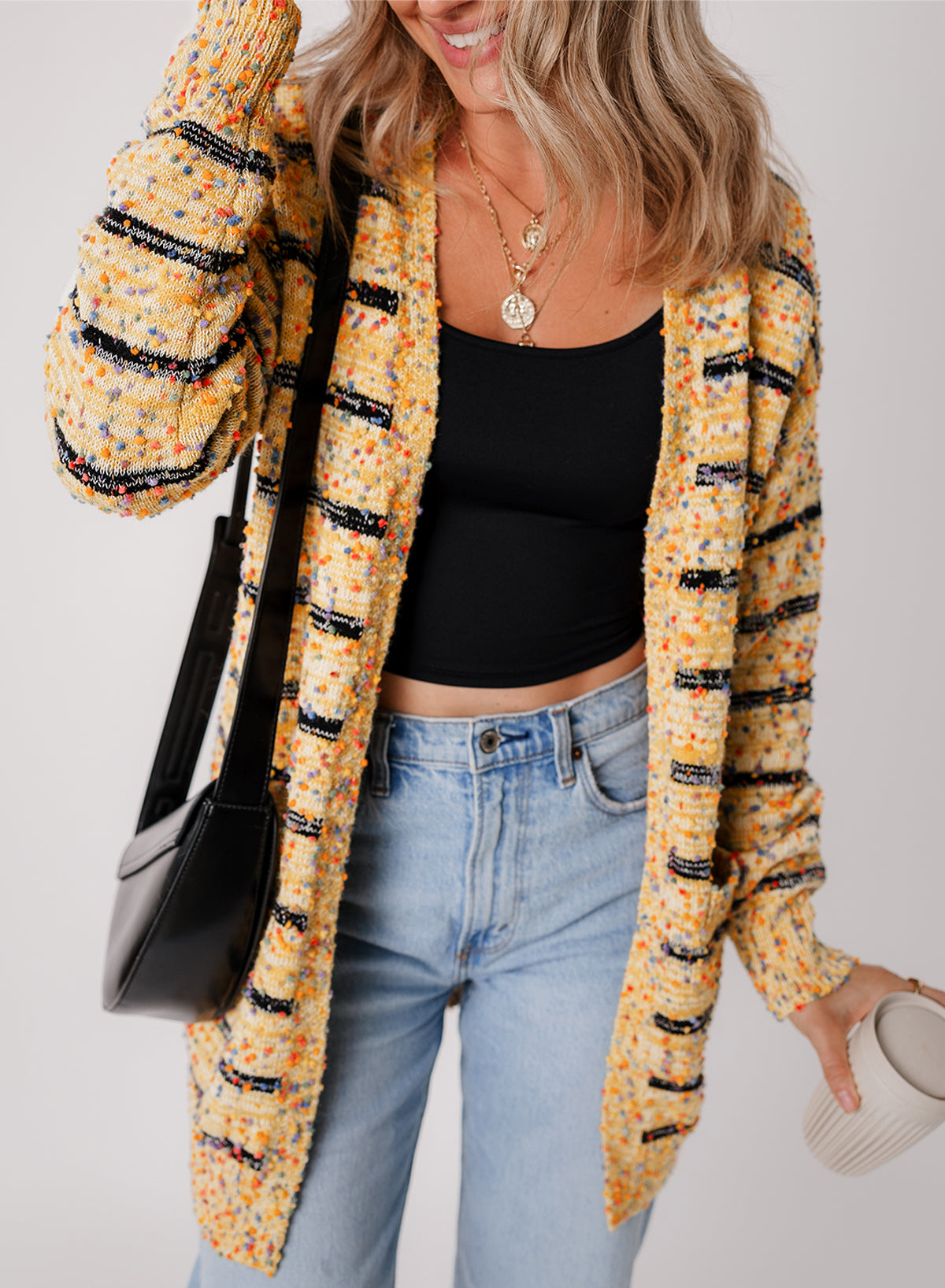 Beige striped pom-pom knit open front long cardigan by Dear-Lover, cozy and stylish with pom-pom details and relaxed fit.