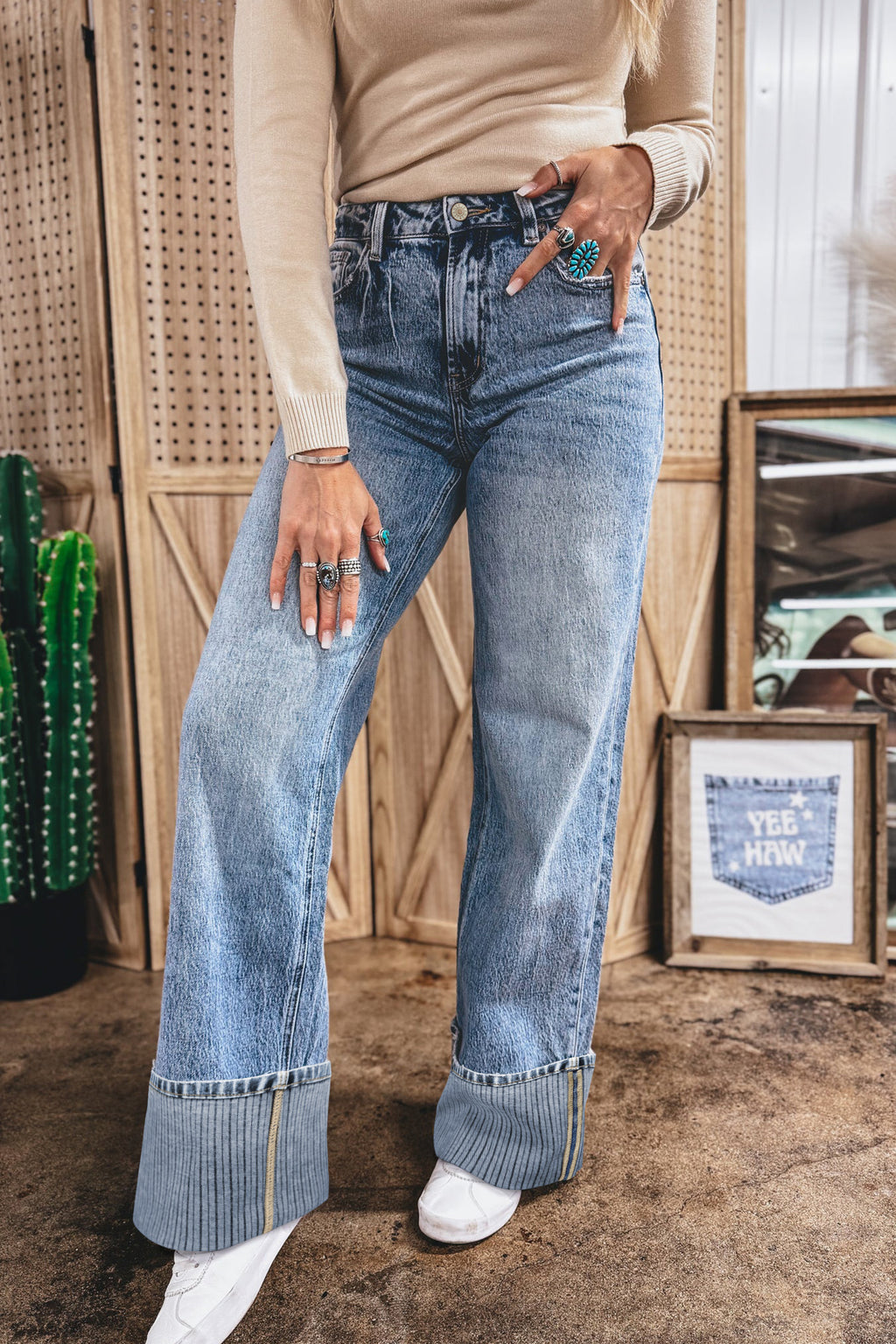 Ashleigh blue cuffed straight loose jeans by Dear-Lover Dropshipping, showing relaxed fit and cuffed hem detail