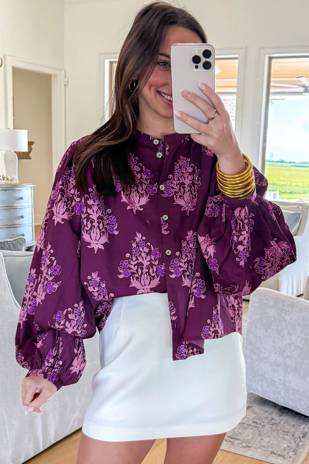 Purple Floral Button-Front Long Puff Sleeve Shirt