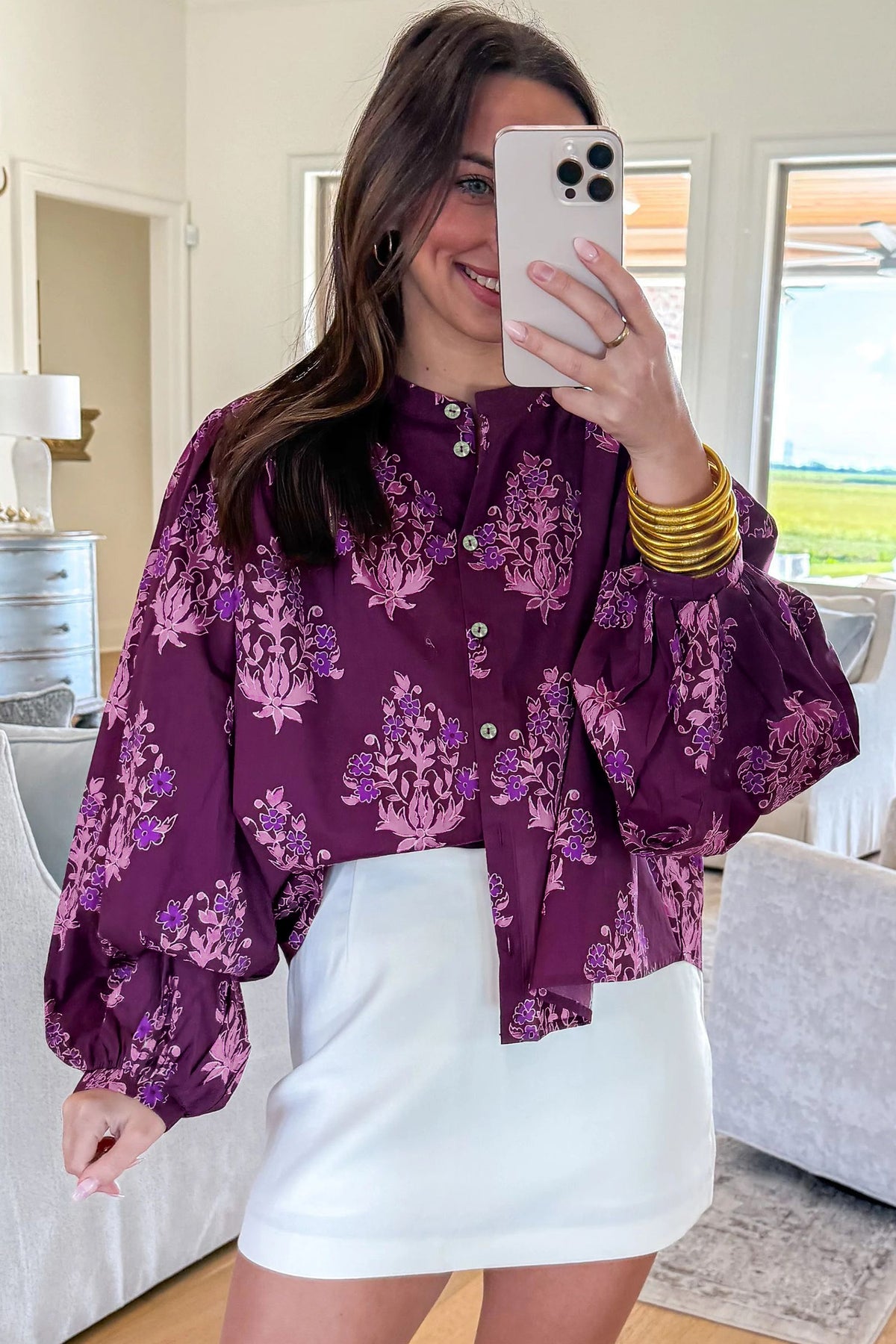 Purple Floral Button-Front Long Puff Sleeve Shirt