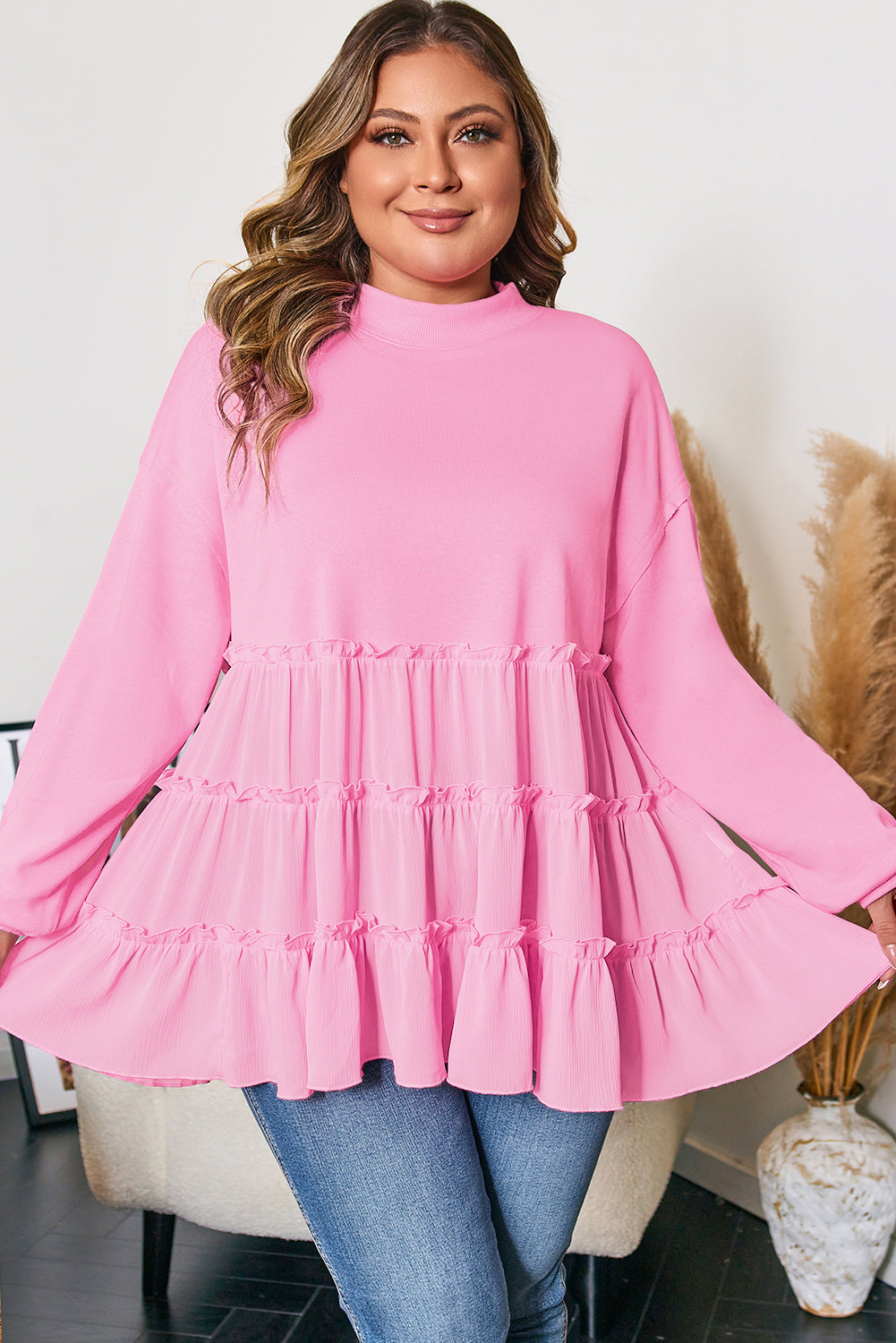 Pink Tiered Ruffle Ribbed Crew Neck Pullover Plus Size Top