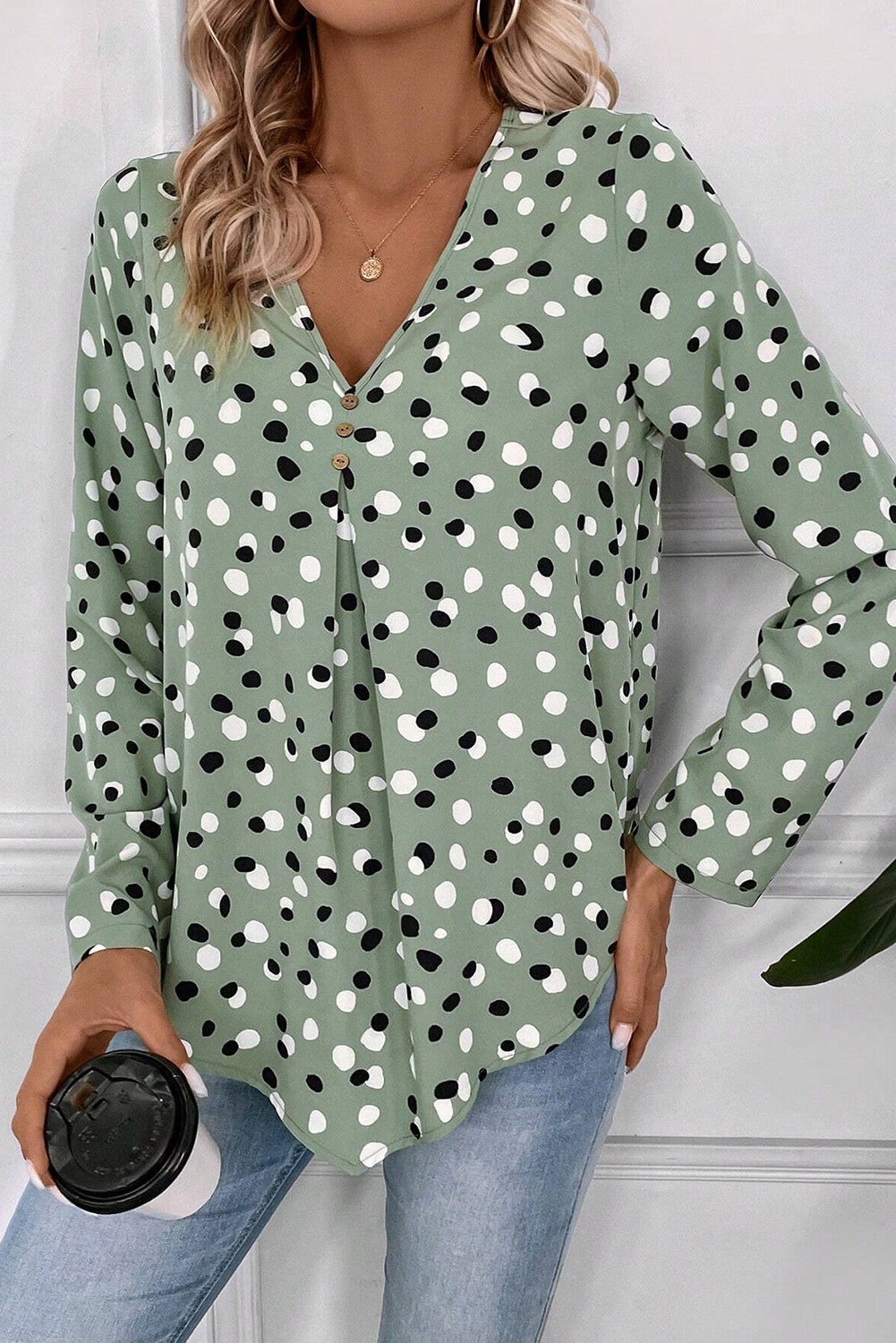 Green Polka Dot Button-Front Blouse