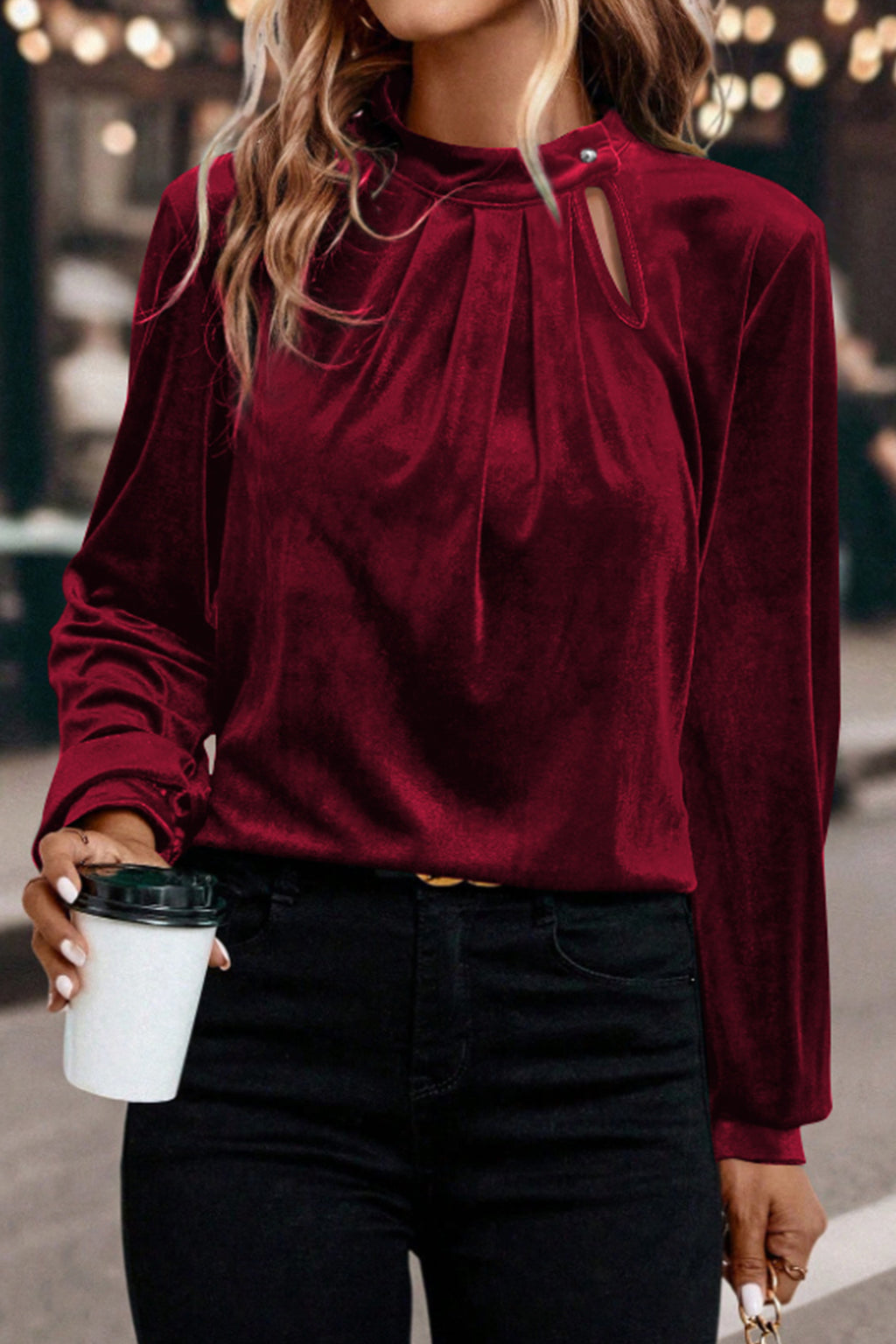 Red Dahlia Velvet Keyhole Blouse