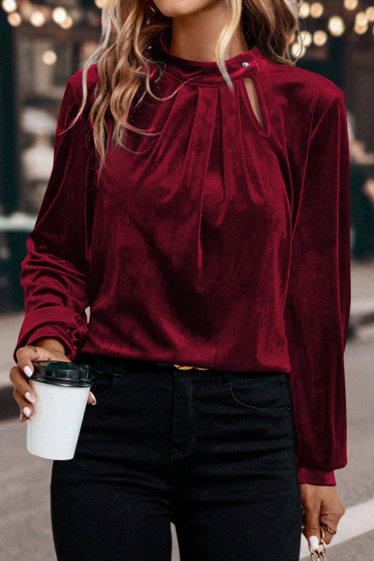 Red Dahlia Velvet Keyhole Blouse