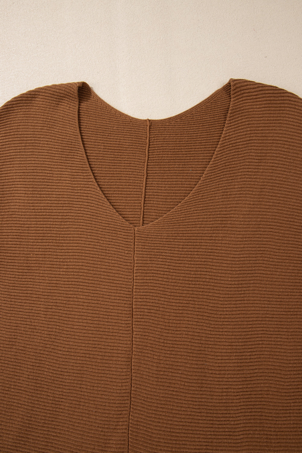 Camel Ribbed-Knit V-Neck Sweater