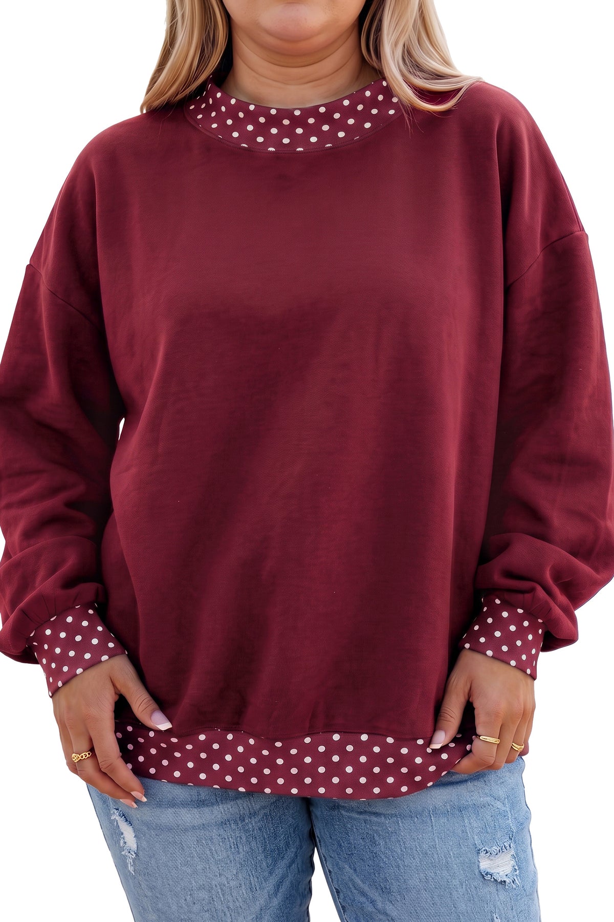 Burgundy polka dot patchwork plus size sweatshirt with round neck from Dear-Lover, featuring a cozy, stylish design.