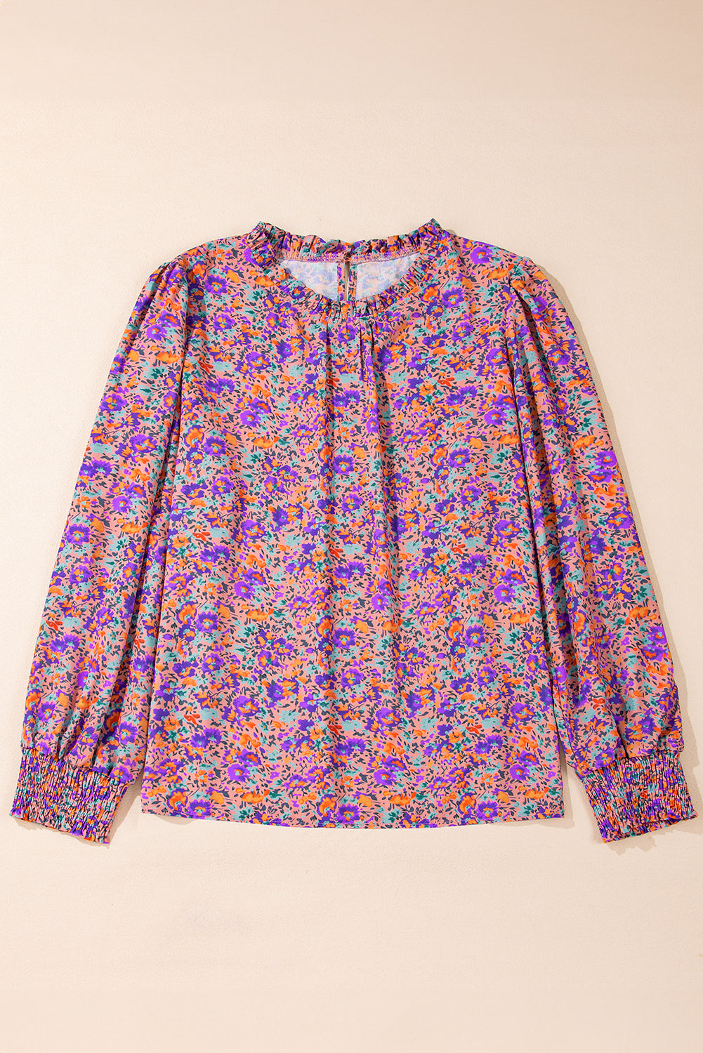 Purple Floral Shirred-Cuff Blouse