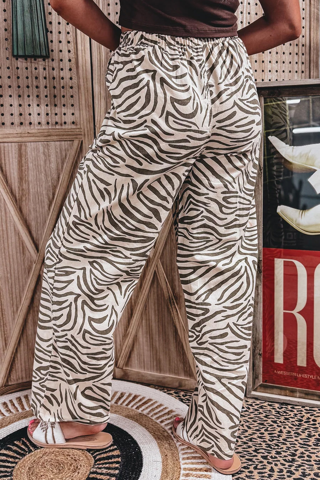 Multicolour zebra print elastic waist full-length pants with pockets, Western style bottoms by Dear-Lover.