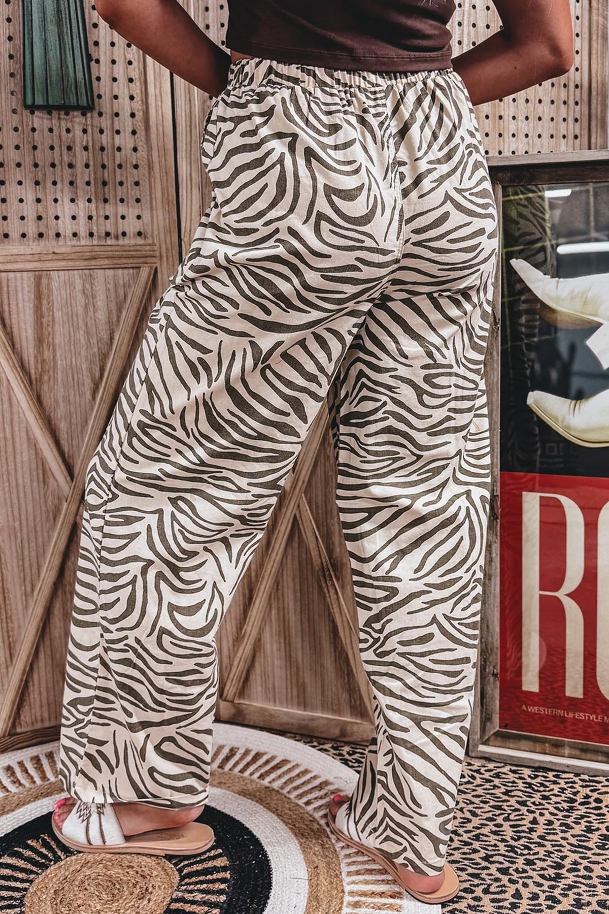 Multicolour zebra print elastic waist full-length pants with pockets, Western style bottoms by Dear-Lover.