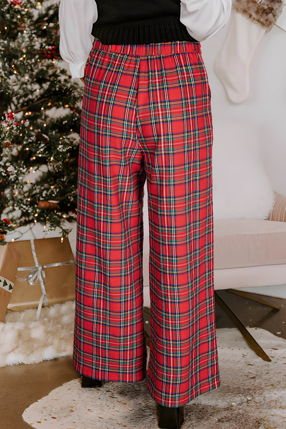 Red Festive Plaid Wide Leg Pull On Pants
