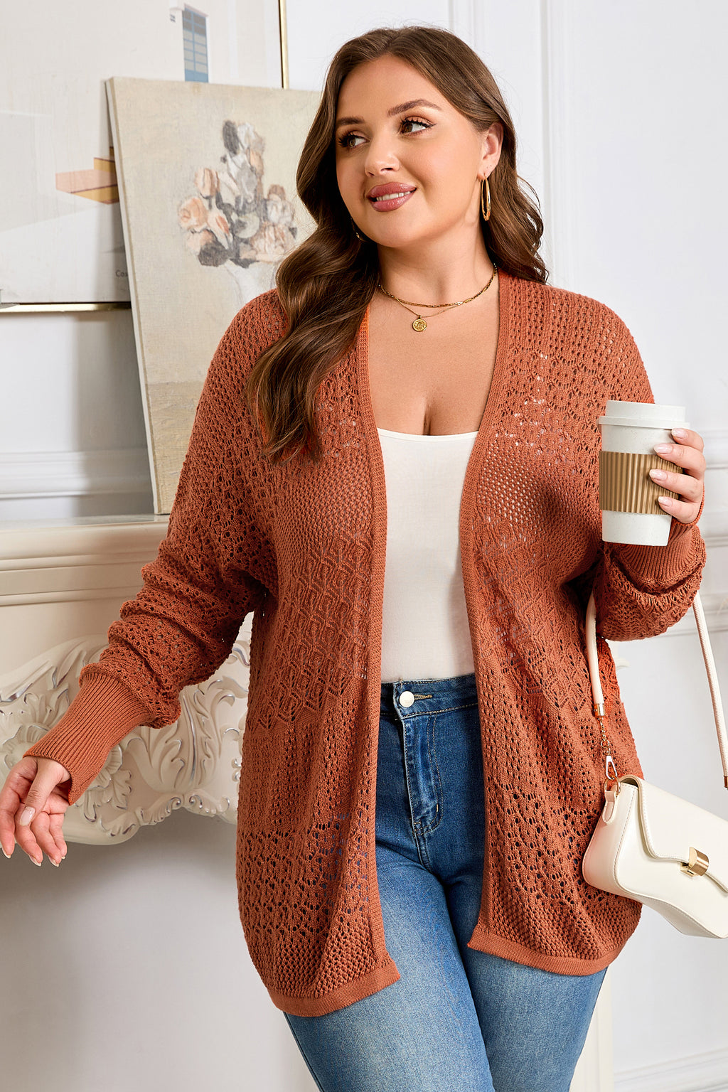 Redwood Burl Mixed Pattern Knitted Open Front Plus Cardigan