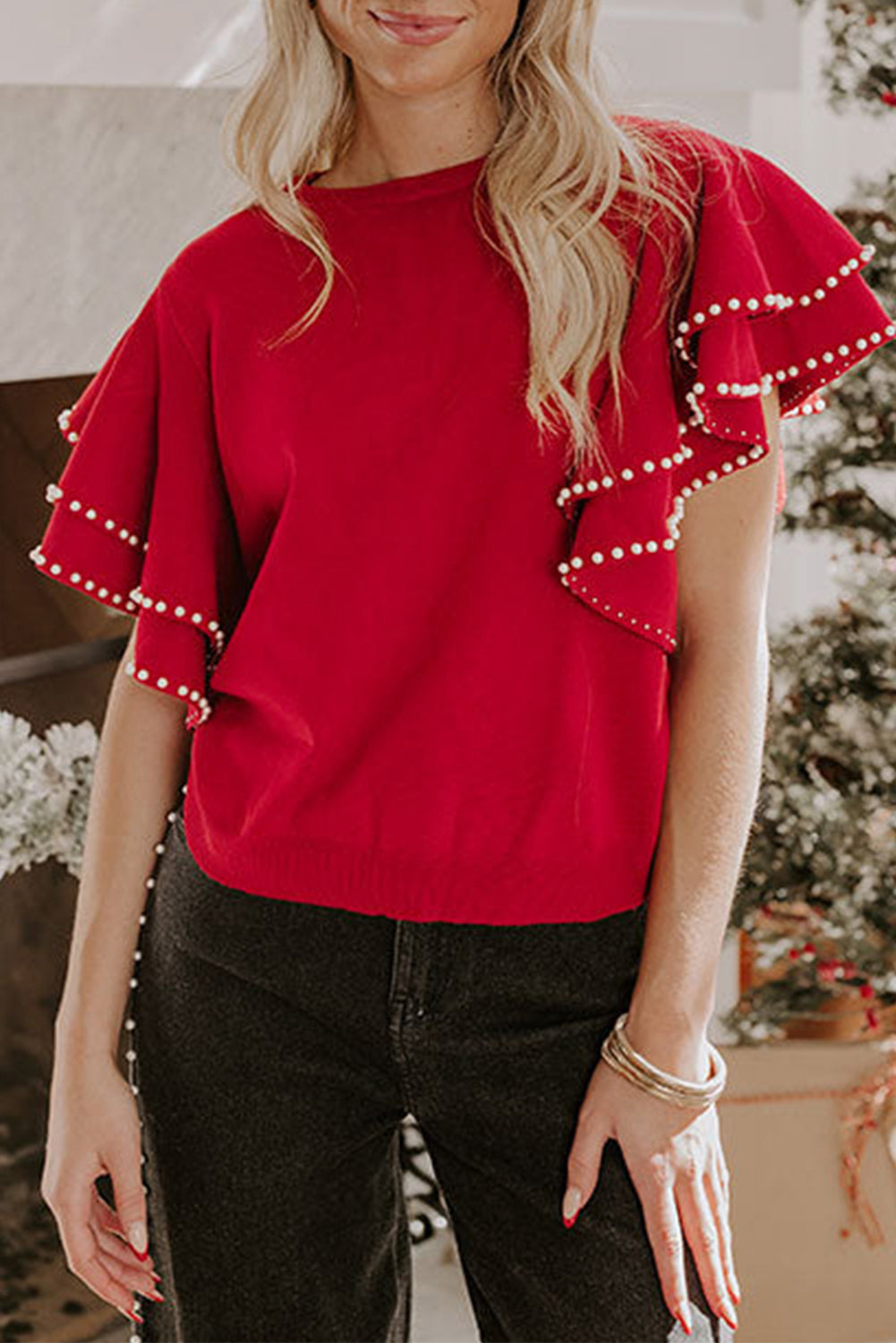 Red Pearl Embellished Ruffle Short Sleeve Sweater