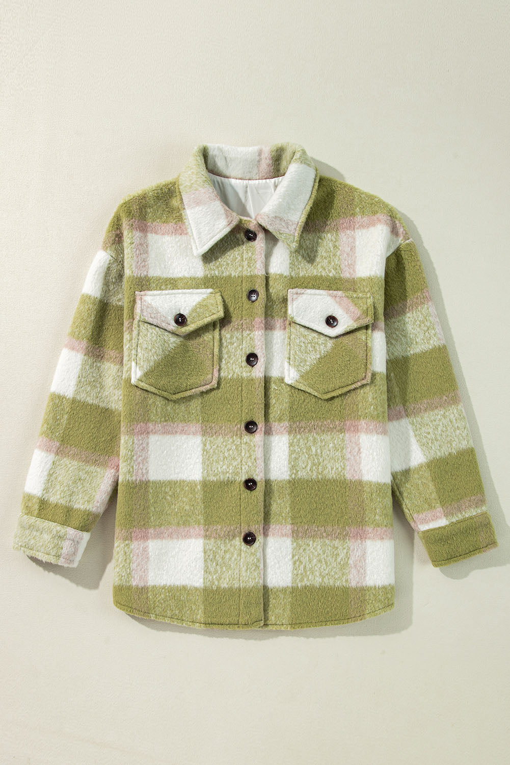 Sage green plaid print shacket with buttoned flap pockets, oversized baggy fit, by Dear-Lover.