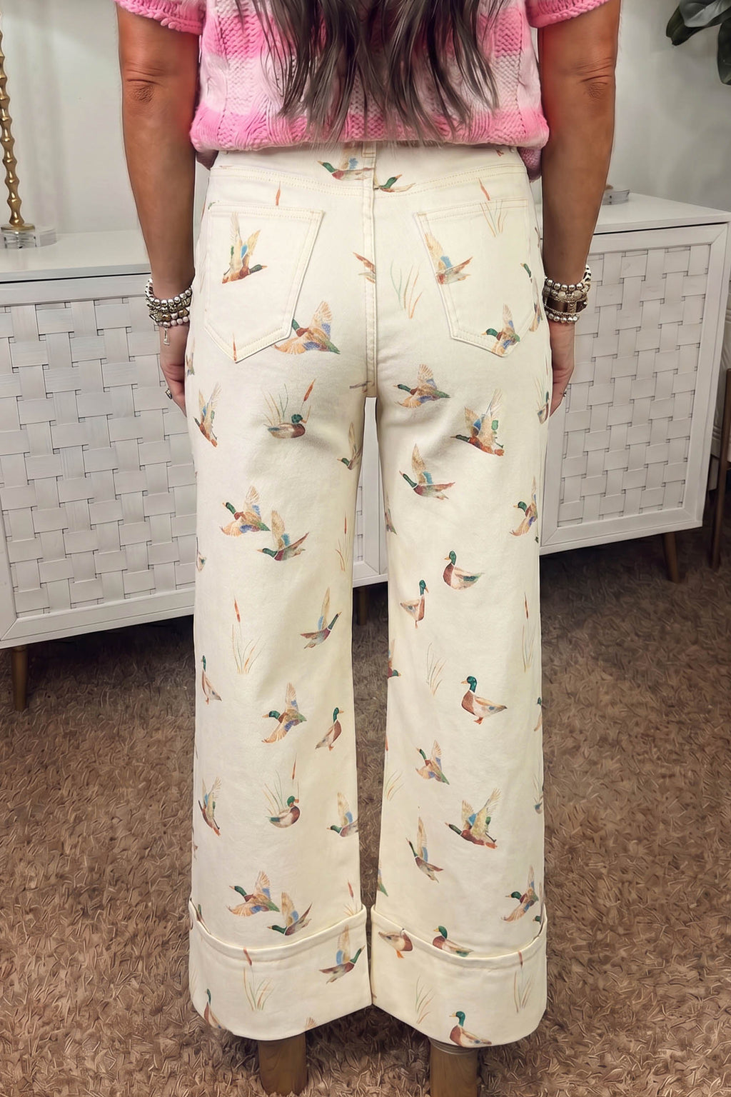 Beige Dear-Lover mallard printed cuffed hem shift jeans, stylish denim bottoms with a relaxed fit and unique duck pattern.