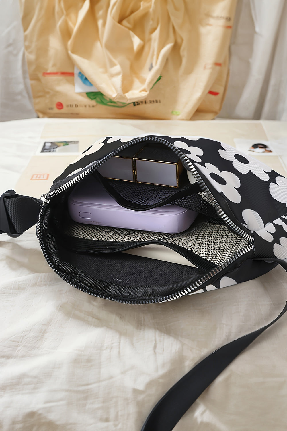 Black Flower Pattern Zipper Cross Body Bag