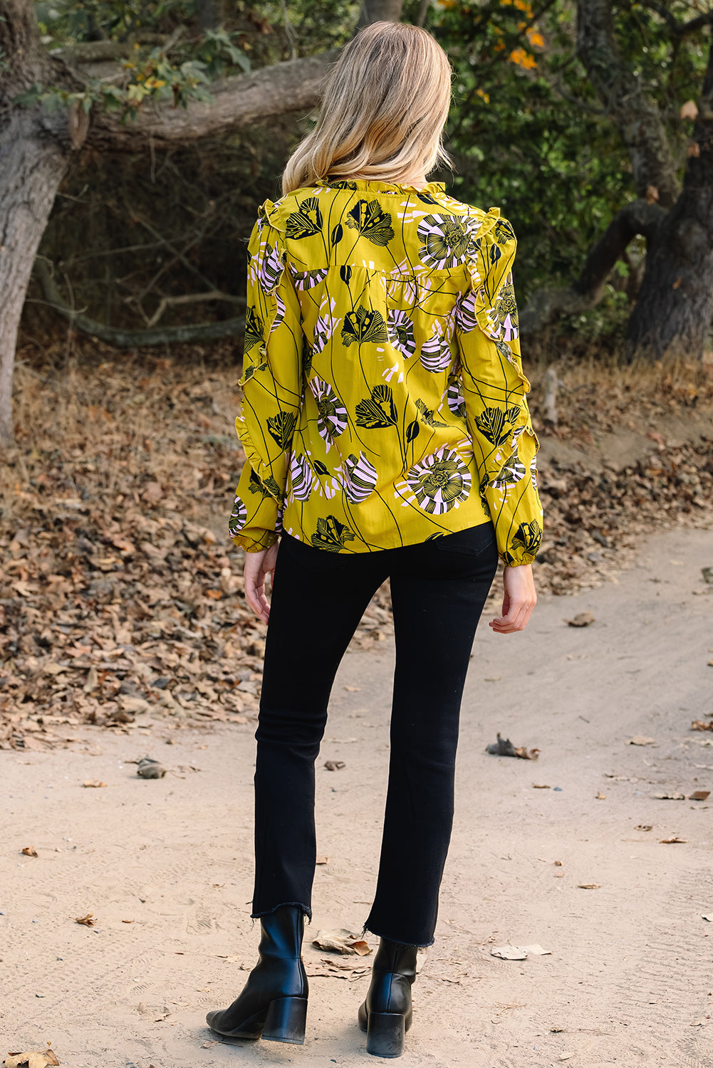 Yellow Vintage Floral Ruffle Blouse
