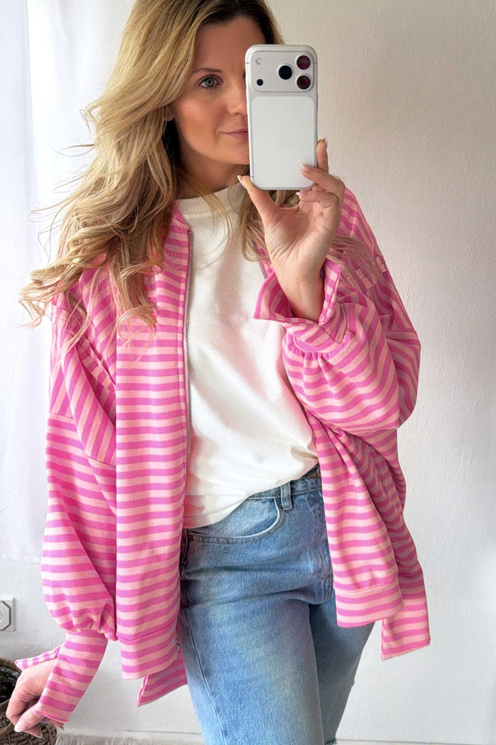 Pink Stripe Zip-Up Puff Sleeve Zip Jacket Sweatshirt