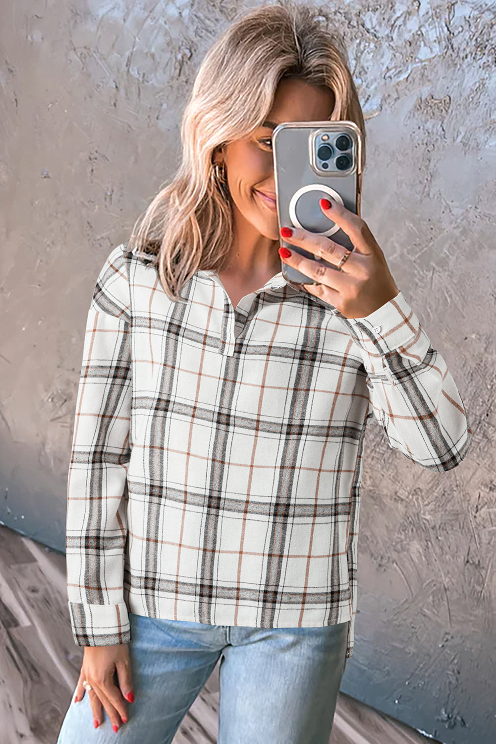 Red Plaid Collared Blouse