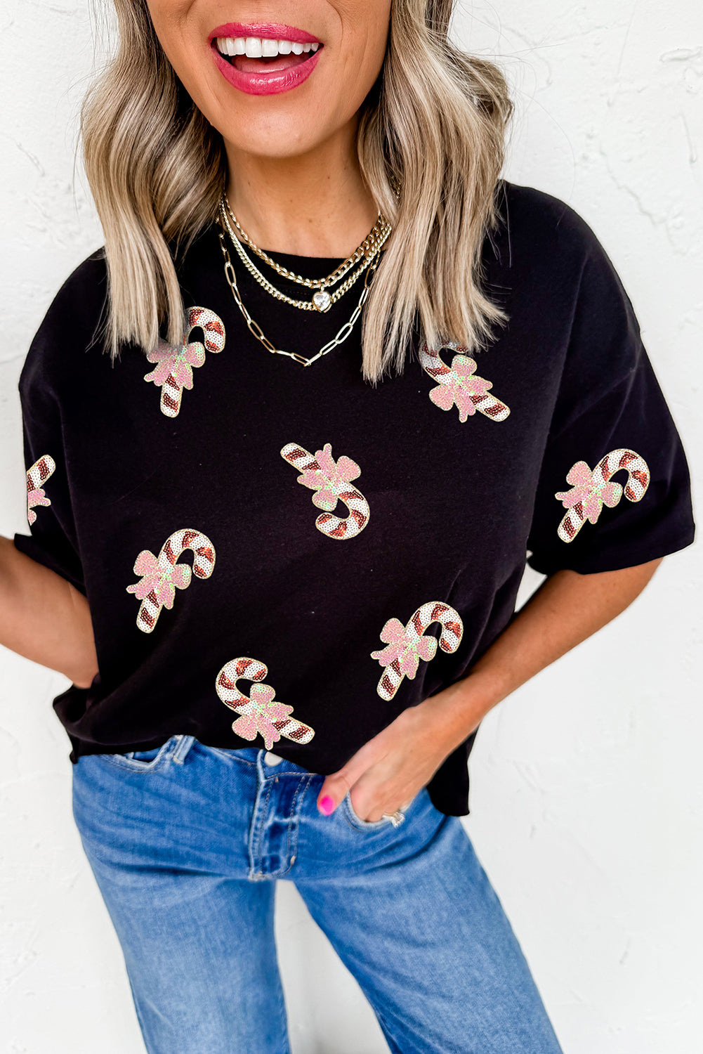 Black Sequin Candy Cane Holiday Tee