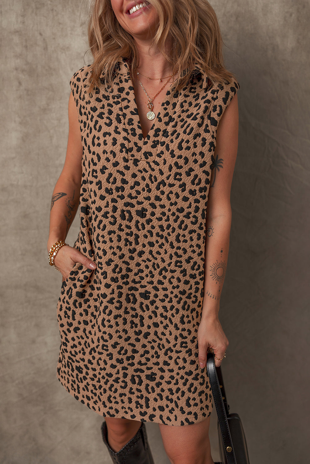 Khaki Leopard Collared Mini Dress